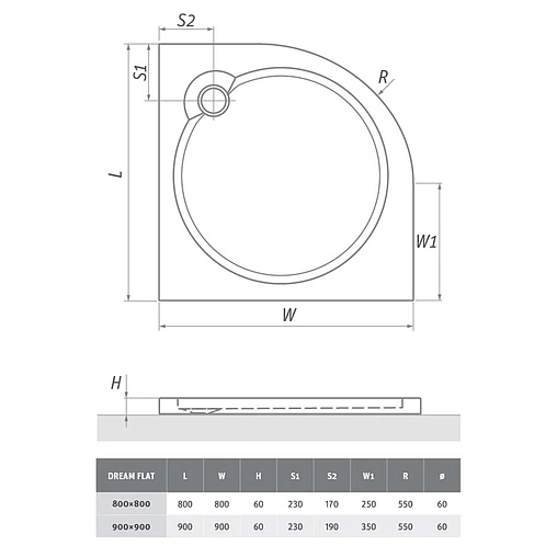 Поддон для душа акриловый низкий 900x900мм Roltechnik Dream Flat 8000285