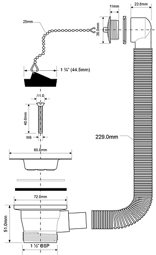 Выпуск для мойки с круглым переливом Mc Alpine полированная сталь OF2-85