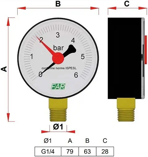 Манометр радиальный Far 63мм 4 бар ¼&quot; FA 2500 R04