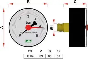 Манометр аксиальный Far 63мм 10 бар ¼&quot; FA 2500 10, 2