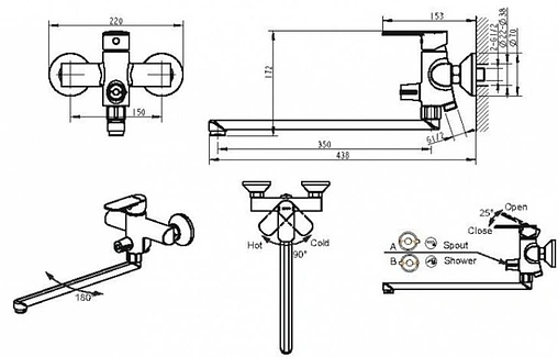 Смеситель для ванны с длинным изливом Bravat Louise хром F6191183CP-01L-RUS