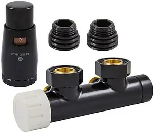 Узел нижнего подключения радиатора терморегулирующий угловой левый М22x1.5 x ¾"ек (½"н) Schlosser Duo-Plex черный Ral 9005 602100102, 1