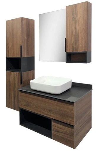 Тумба-умывальник подвесная Comforty Штутгарт 90 дуб тёмно-коричневый/чёрный 00-00002868CF