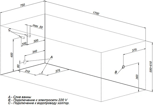 Ванна акриловая Aquanet Taurus 170x75 00210289