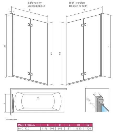 Шторка на ванну 1200мм прозрачное стекло Radaway Fuenta New PND 120 R 208212-01R
