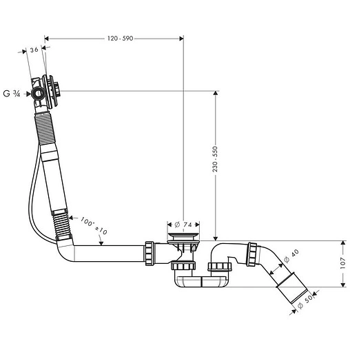 Слив-перелив для ванны без накладок с функцией налива Hansgrohe Exafill S 58116180