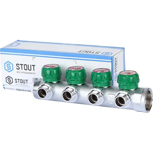 Коллектор регулирующий проходной 4 отвода 1&quot;в/н x ½&quot;н Stout SMB-6849-011204