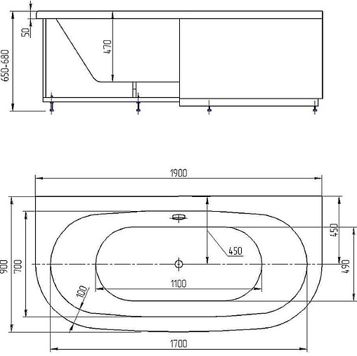 Ванна акриловая Aquatek Морфей 190х90 с фронтальной и боковыми панелями, с каркасом (разборный) MOR190-0000014