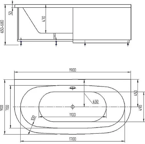 Ванна акриловая Aquatek Морфей 190х90 с фронтальной панелью, с каркасом (вклеенный) MOR190-0000059