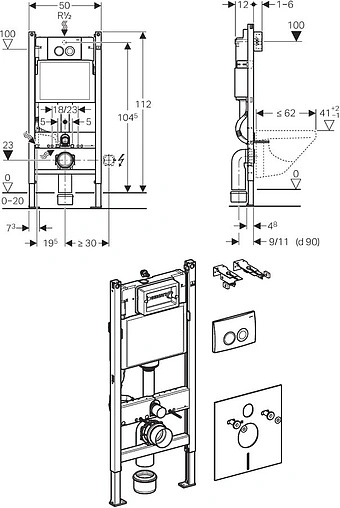 Инсталляция для подвесного унитаза Set 4 в 1 Geberit Duofix 458.121.21.1 с кнопкой Delta 21 хром