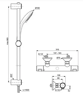 Душевая стойка с термостатом Ideal Standard Ceratherm T25 хром A7204AA Душевая стойка с термостатом Ideal Standard Ceratherm T25 хром A7204AA, 2