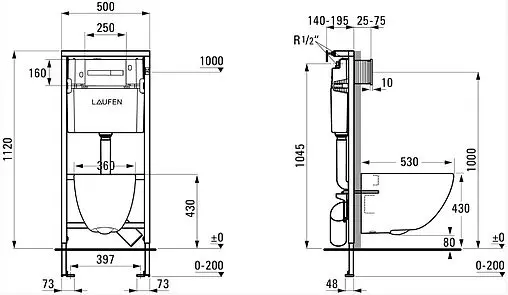 Комплект 5 в 1 Laufen Basal 6.2071.2.007.000.3 с кнопкой 8.9566.1.007.000.1 хром матовый