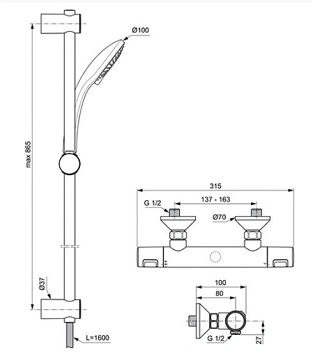 Душевая стойка с термостатом Ideal Standard Ceratherm T25 хром A7204AA