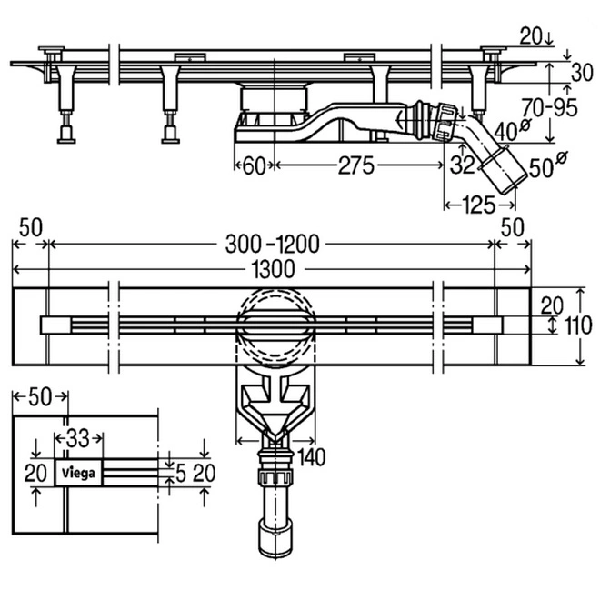 Лоток душевой 300-1200мм h=90мм 0.6л/сек Viega Advantix Vario 4966.1 721671