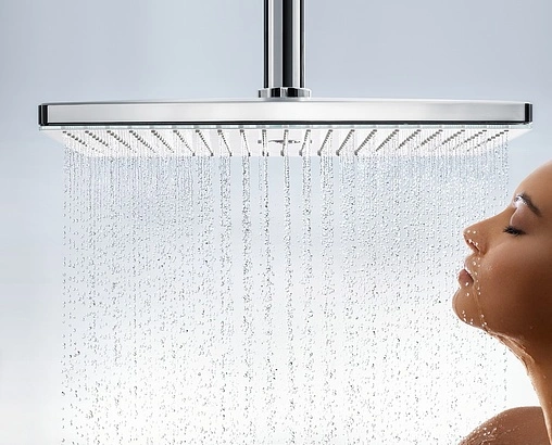 Лейка верхнего душа с потолочным креплением Hansgrohe Rainmaker Select 460 2jet белое стекло/хром 24004400
