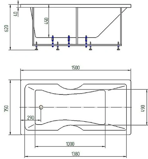 Ванна акриловая Aquatek Феникс 150x75 L с фронтальной панелью, с каркасом (разборный) FEN150-0000029