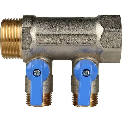 Коллектор запорный проходной 2 отвода синий 1"в/н x ½"н Stout SMB 6201 011202