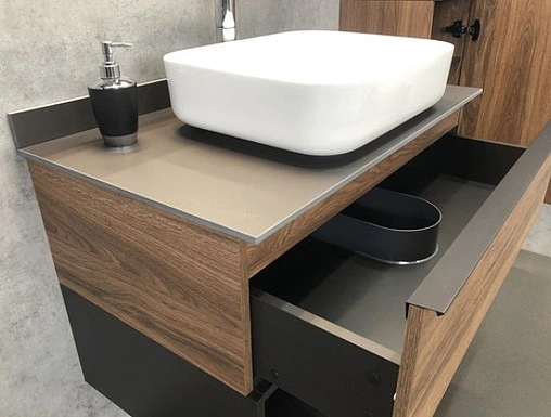 Тумба-умывальник подвесная Comforty Штутгарт 90 дуб тёмно-коричневый/чёрный 00-00002868CF