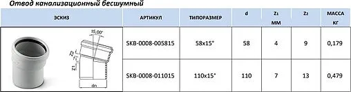 Отвод внутренний бесшумный D=58мм Угол 15° Stout SKB-0008-005815