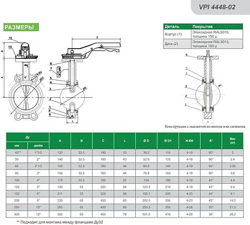 Затвор дисковый поворотный межфланцевый Ду300 Ру16 Tecofi VPI4448-02EP0300