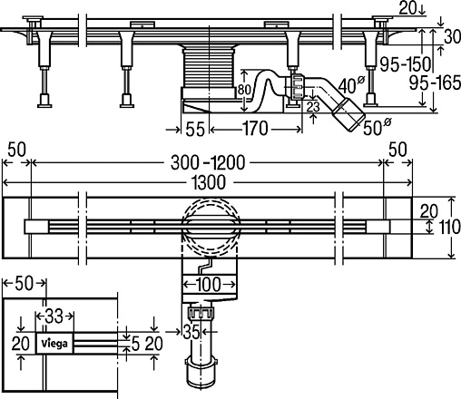 Лоток душевой 300-1200мм h=115мм 0.8л/сек Viega Advantix Vario 4965.1 686277