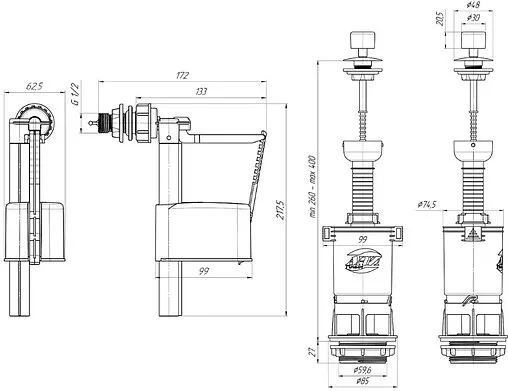 Комплект арматуры для бачка штоковый ½" пластик боковой Ани Пласт Эконом WC4050M