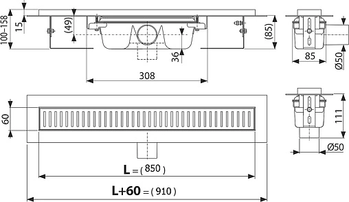 Лоток душевой 850мм h=85мм 1.15л/сек AlcaPlast APZ1-850