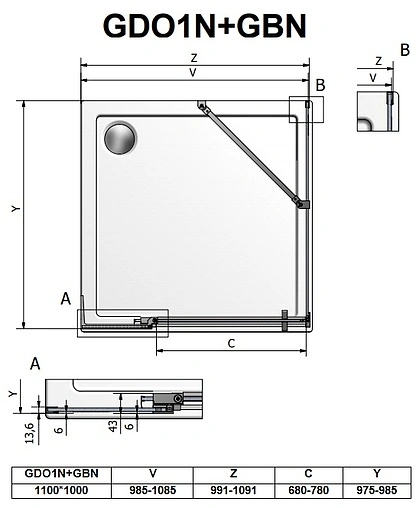 Душевое ограждение 1100x1000мм прозрачное стекло Roltechnik Elegant Neo Line GDO1N+GBN/1100*1000 188-1100000-00-02+189-1000000-00-02