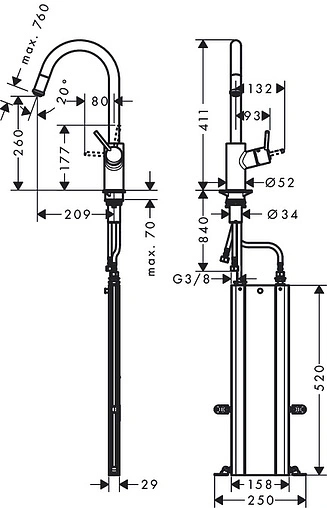 Смеситель для кухни с выдвижным изливом для установки перед окном Hansgrohe Talis M52 260 1jet sBox хром 73864000