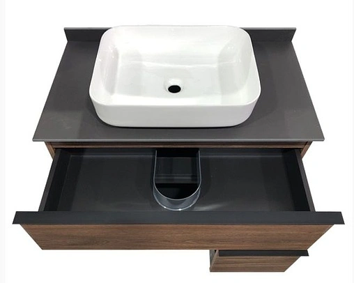 Тумба-умывальник подвесная Comforty Штутгарт 90 дуб тёмно-коричневый/чёрный 00-00002868CF