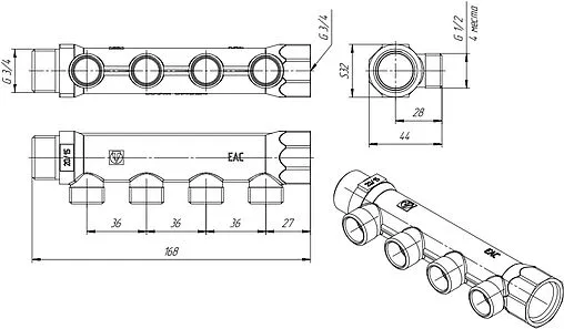 Коллектор распределительный проходной 4 отвода ¾&quot;в/н x ½&quot;к Valtec VTc.500.N.0504