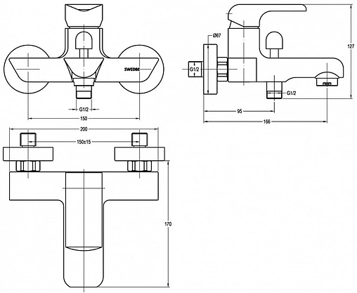 Смеситель для ванны Swedbe Iris хром 2230
