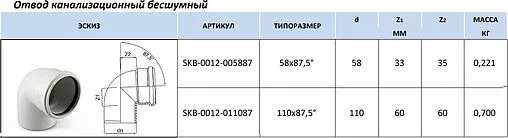 Отвод внутренний бесшумный D=58мм Угол 87° Stout SKB-0012-005887