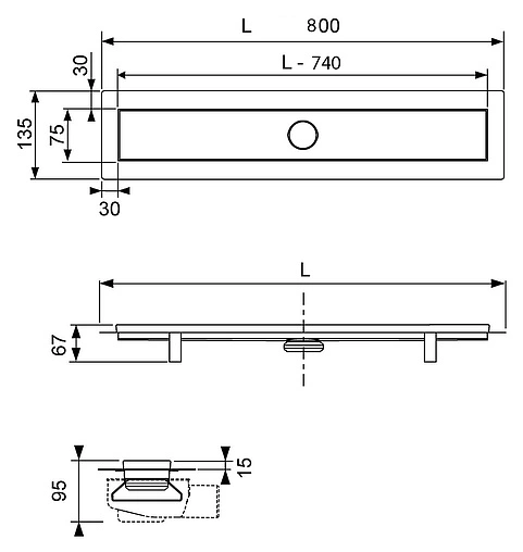 Лоток душевой Set 740мм h=81мм 0.8л/сек TECElinus Straight 15100080