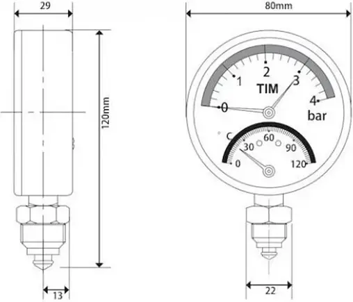 Термоманометр радиальный TIM 80мм 10 бар 120°С ½&quot; Y-80-10
