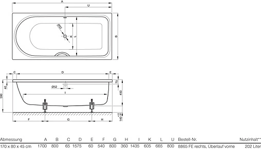 Ванна стальная Bette Ocean 170x80 anti-slip+easy-clean белый 8765-000 PLUS AR