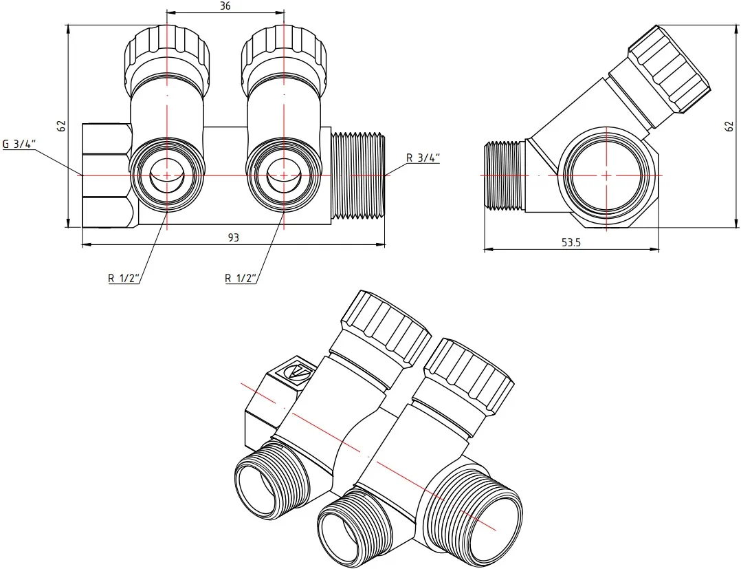 Коллектор регулирующий проходной 2 отвода ¾"в/н x ½"к Valtec VTc.560.N.0502 Коллектор регулирующий проходной 2 отвода ¾"в/н x ½"к Valtec VTc.560.N.0502, 2