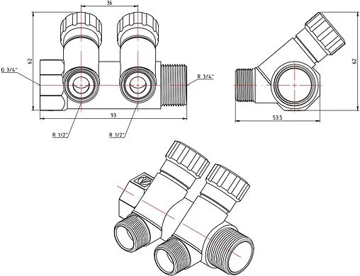Коллектор регулирующий проходной 2 отвода ¾&quot;в/н x ½&quot;к Valtec VTc.560.N.0502
