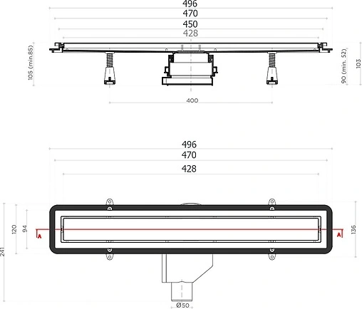 Лоток душевой Set 450мм h=52мм 0.8л/сек Pestan Confluo Premium Gold Line 450 13100051
