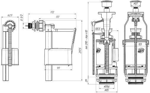Комплект арматуры для бачка двухрежимный ½&quot; пластик боковой Ани Пласт Эконом WC3050M