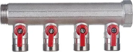 Коллектор запорный проходной 4 отвода красный 1&quot;в/н x ¾&quot;ек Henco VB060504-ROOD