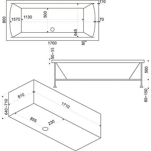 Ванна акриловая Bas Индика 170x80 В00013