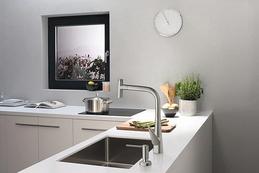 Смеситель для кухни с выдвижным изливом Hansgrohe Talis Select M51 300 2jet sBox под сталь 73867800