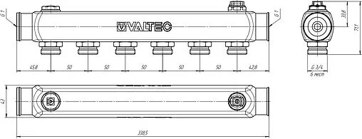 Коллектор распределительный проходной 6 отводов 1&quot;в/в x ¾&quot;ек Valtec VTc.505.SS.060506