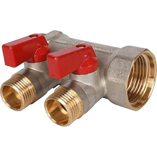 Коллектор запорный проходной 2 отвода красный 1"в/н x ½"н Stout SMB 6210 011202