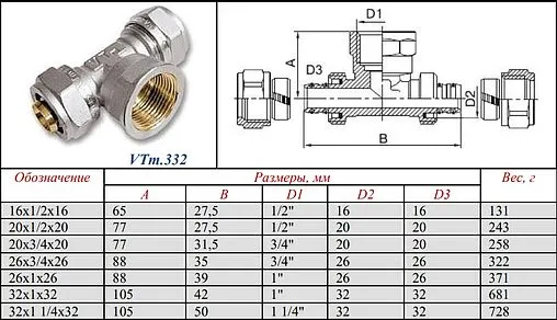 Тройник компрессионный переходной 32мм x 1¼"в x 32мм Valtec VTm.332.N.320732