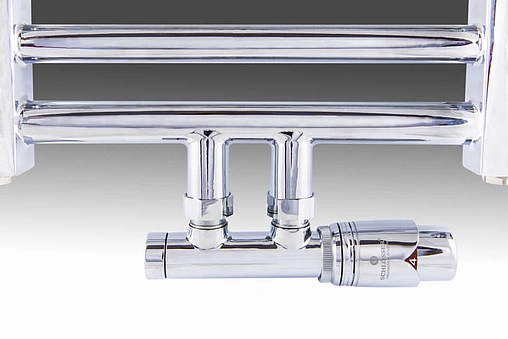 Узел нижнего подключения радиатора терморегулирующий угловой правый М22x1.5 x ¾&quot;ек (½&quot;н) Schlosser Duo-Plex хром 602100005