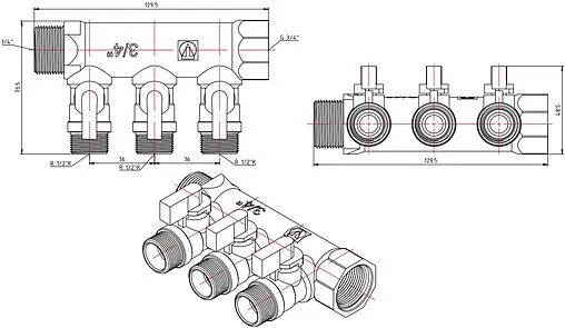 Коллектор запорный проходной 3 отвода ¾"в/н x ½"к Valtec VTc.580.N.0503 Коллектор запорный проходной 3 отвода ¾"в/н x ½"к Valtec VTc.580.N.0503
