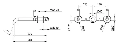 Смеситель для раковины из стены Bossini Liberty золото Z001303.021