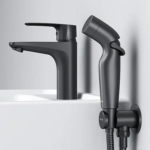 Смеситель для раковины с гигиеническим душем Am.Pm Gem чёрный матовый F90A03022 Смеситель для раковины с гигиеническим душем Am.Pm Gem чёрный матовый F90A03022